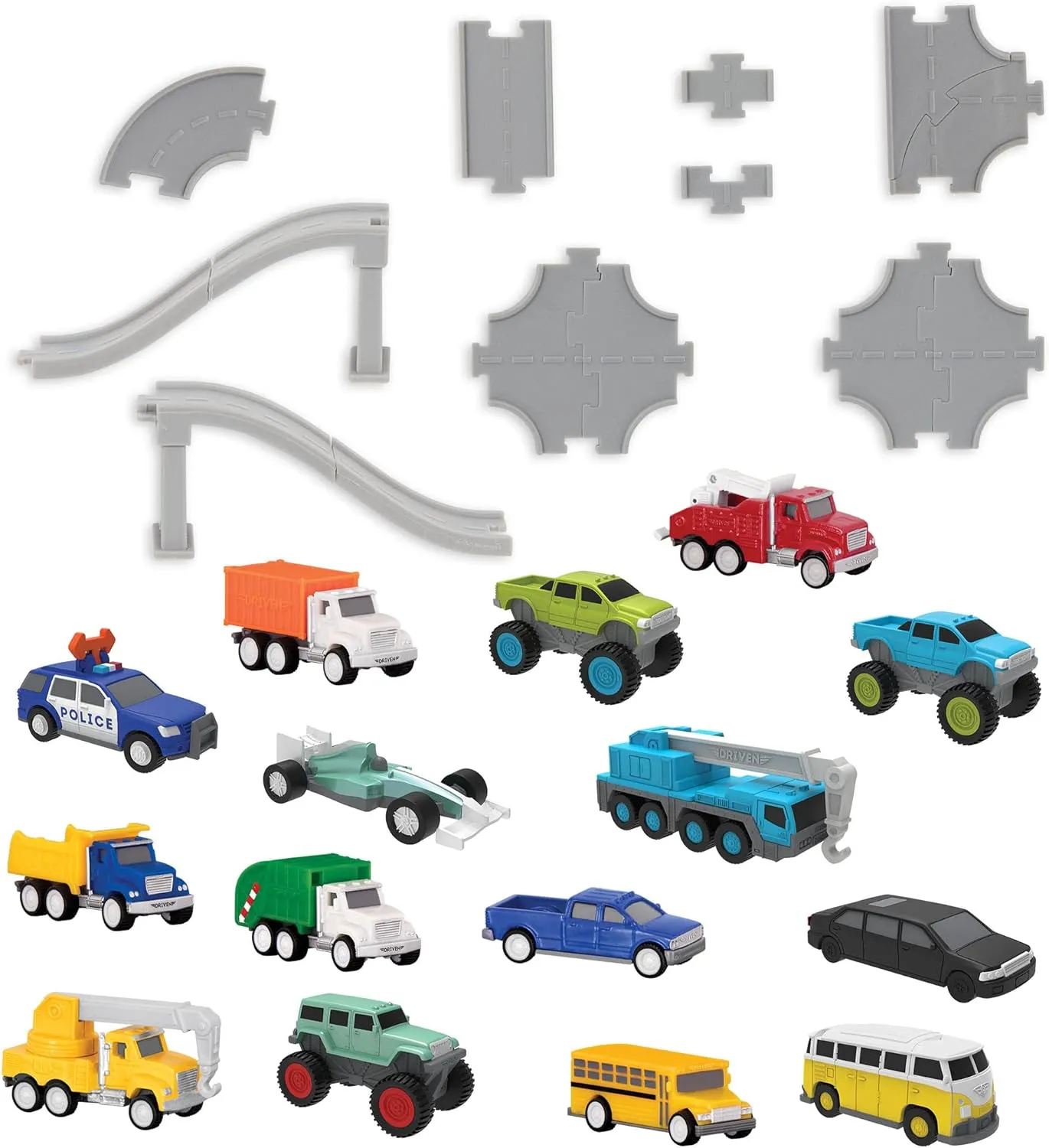 Driven by Battat – 61 Pcs Toy Car Pocket Playset 1:144 Scale – 15 Mini Cars Included & Accessories Car Track, Ramp & More – Gift Toy Car for Boys & Girls & Toddlers Age 3 