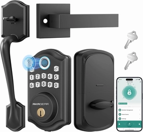 DS10 Pro Keyless Entry Door Lock with Handle Set, Smart Front Door Locks Set, Electronic Keypad, Fingerprint Deadbolt, Bluetooth APP Control, Auto-Lock & One Touch Locking, Black