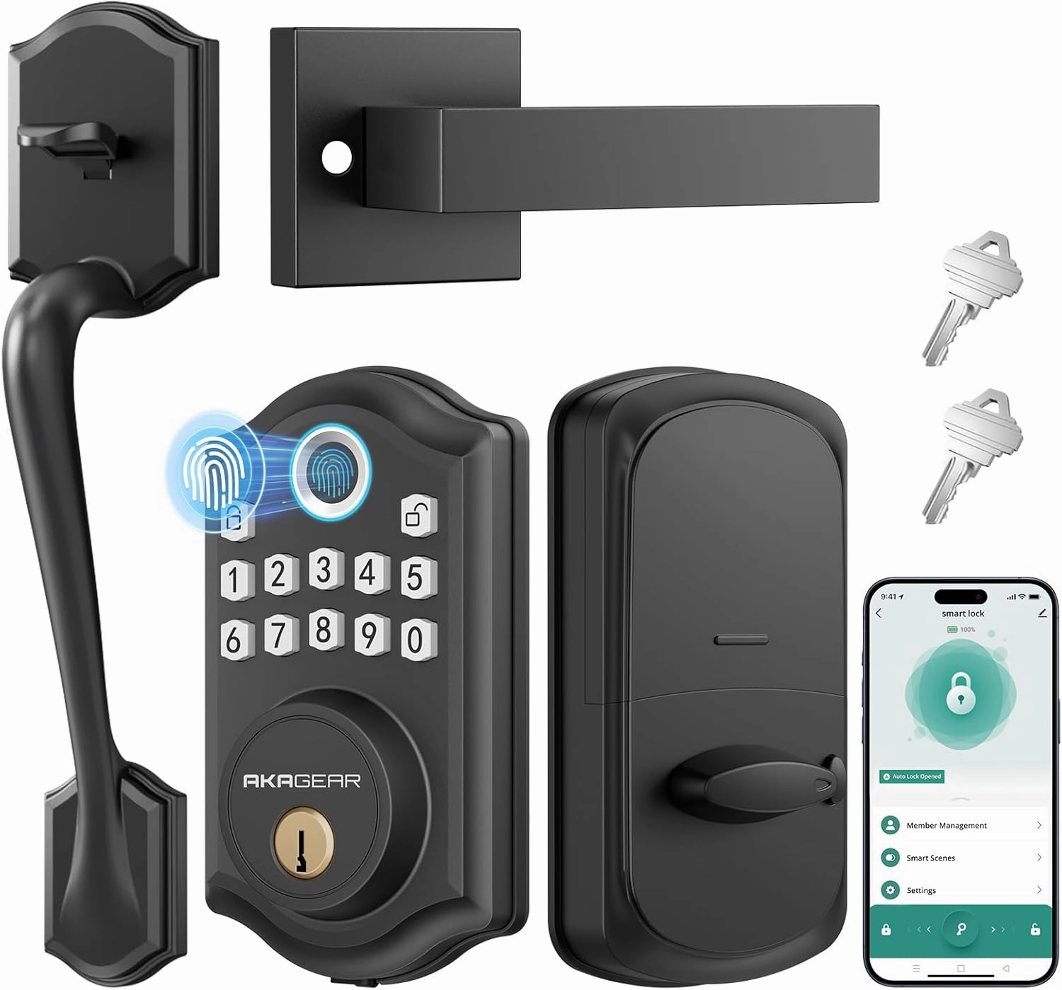 DS10 Pro Keyless Entry Door Lock with Handle Set, Smart Front Door Locks Set, Electronic Keypad, Fingerprint Deadbolt, Bluetooth APP Control, Auto-Lock & One Touch Locking, Black