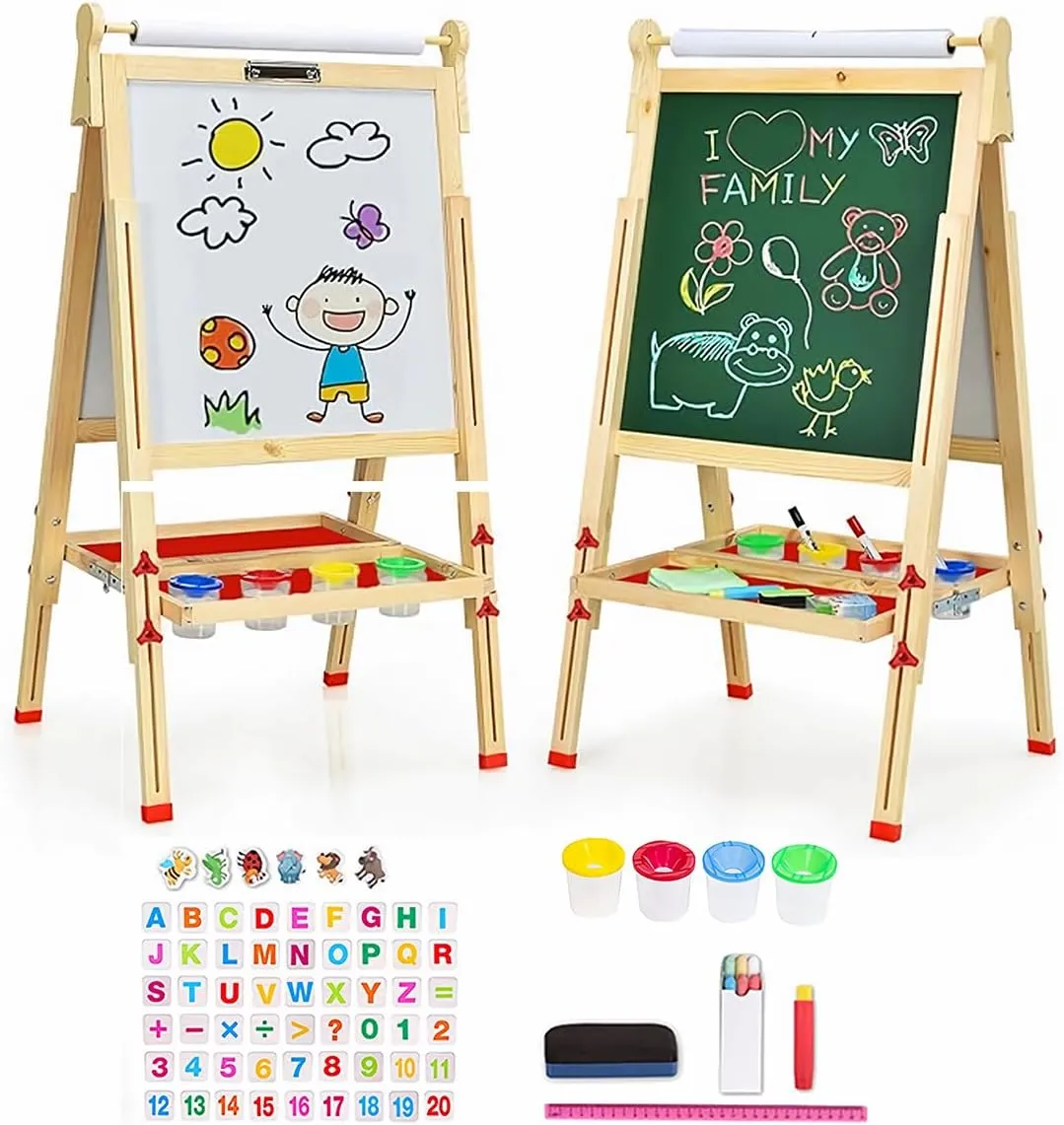EAQ Easel for Kid,Height Adjustable Wooden Art Easel,Whiteboard Chalkboard with Paper Roll Holder,Letters and Numbers Magnets and Other Accessories Best Birthday Gift for Kids
