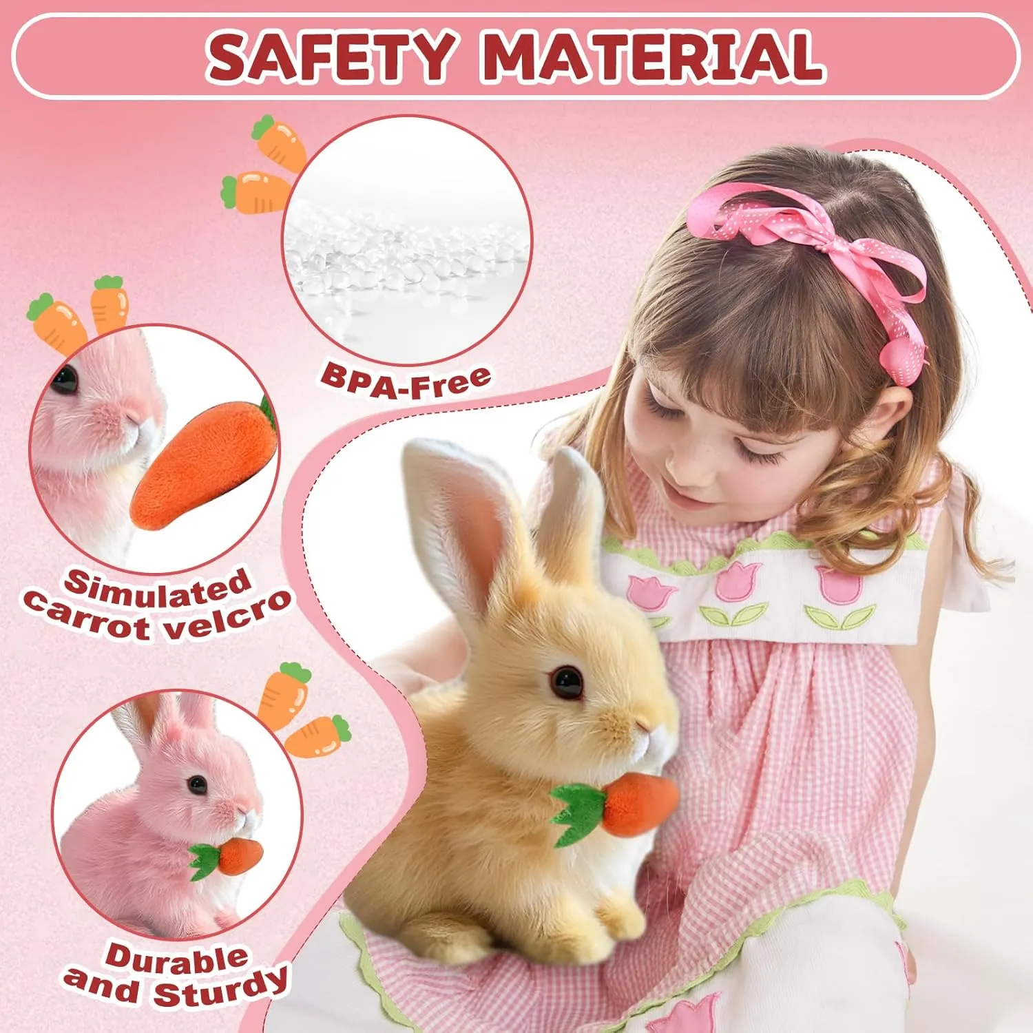 Easter Basket Stuffer Realistic Bunny Toy, 2025 New Bunny Toys Educational Interactive Toys Bunnies Can Walk and Talk, Handmade Hopping Realistic Toy for Kids (Pink)