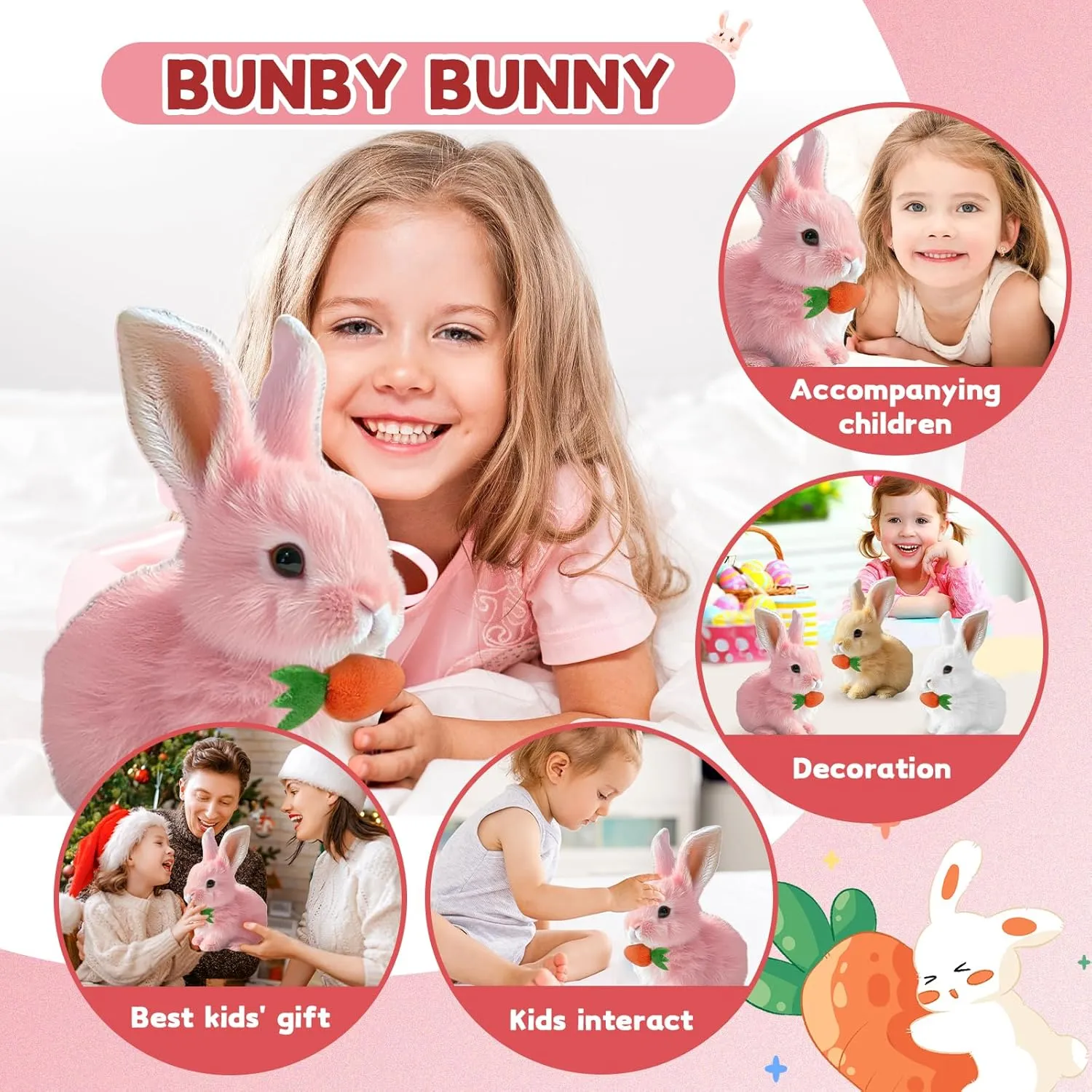 Easter Basket Stuffer Realistic Bunny Toy, 2025 New Bunny Toys Educational Interactive Toys Bunnies Can Walk and Talk, Handmade Hopping Realistic Toy for Kids (Pink)