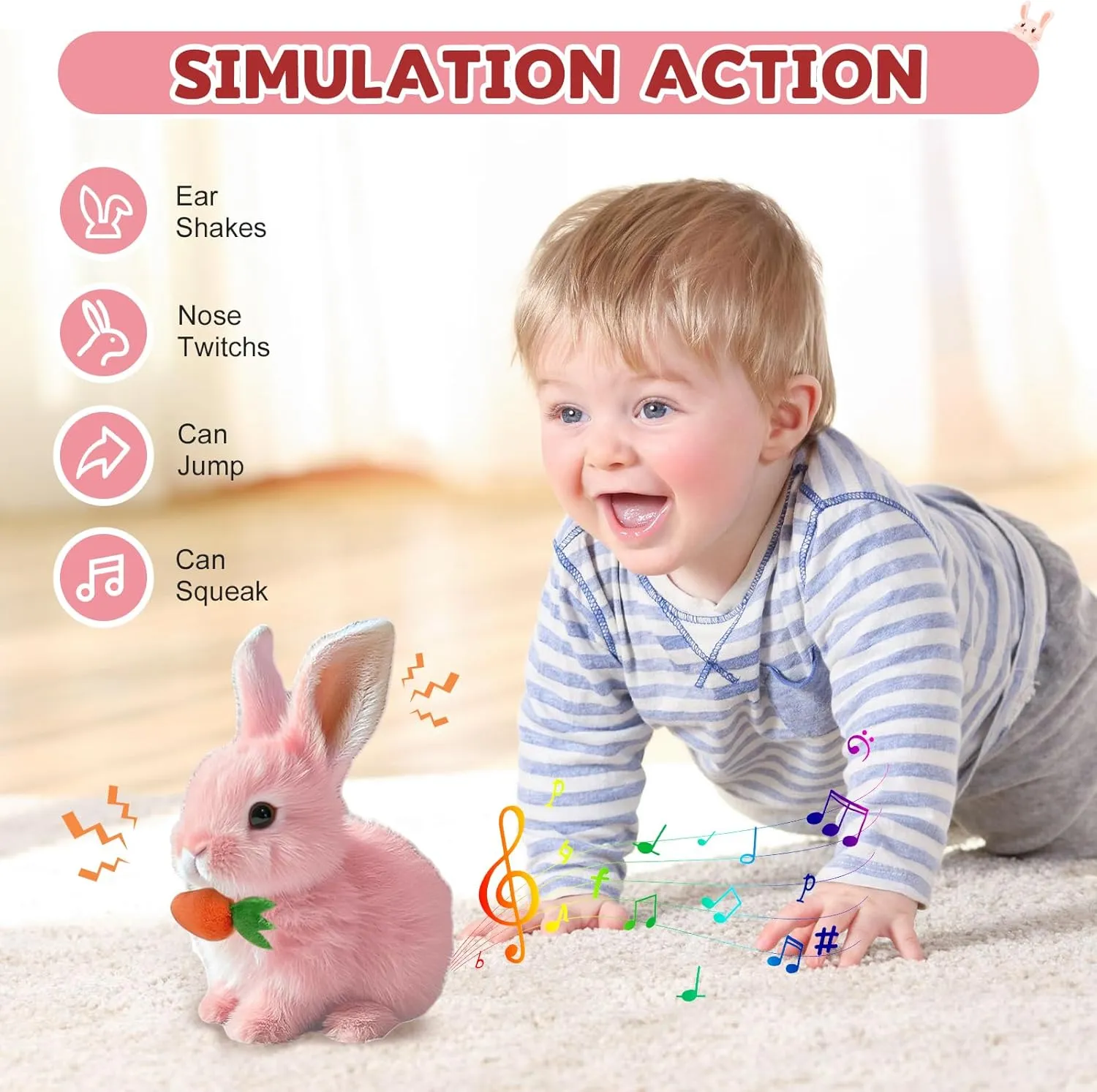 Easter Basket Stuffer Realistic Bunny Toy, 2025 New Bunny Toys Educational Interactive Toys Bunnies Can Walk and Talk, Handmade Hopping Realistic Toy for Kids (Pink)