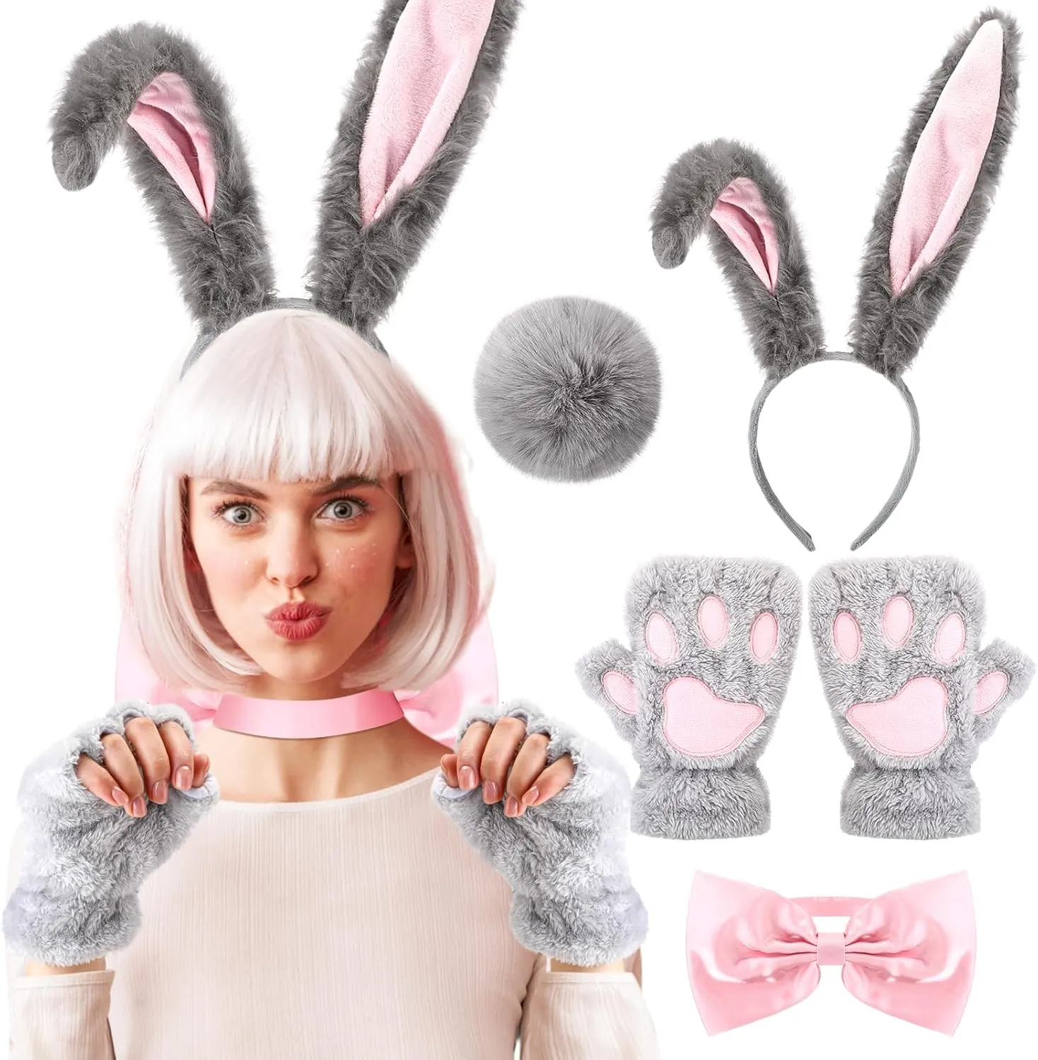 Easter Bunny Costume Accessories Woman Set Bunny Ears Tail Gloves Bow Tie Bunny Rabbit Adult Costume