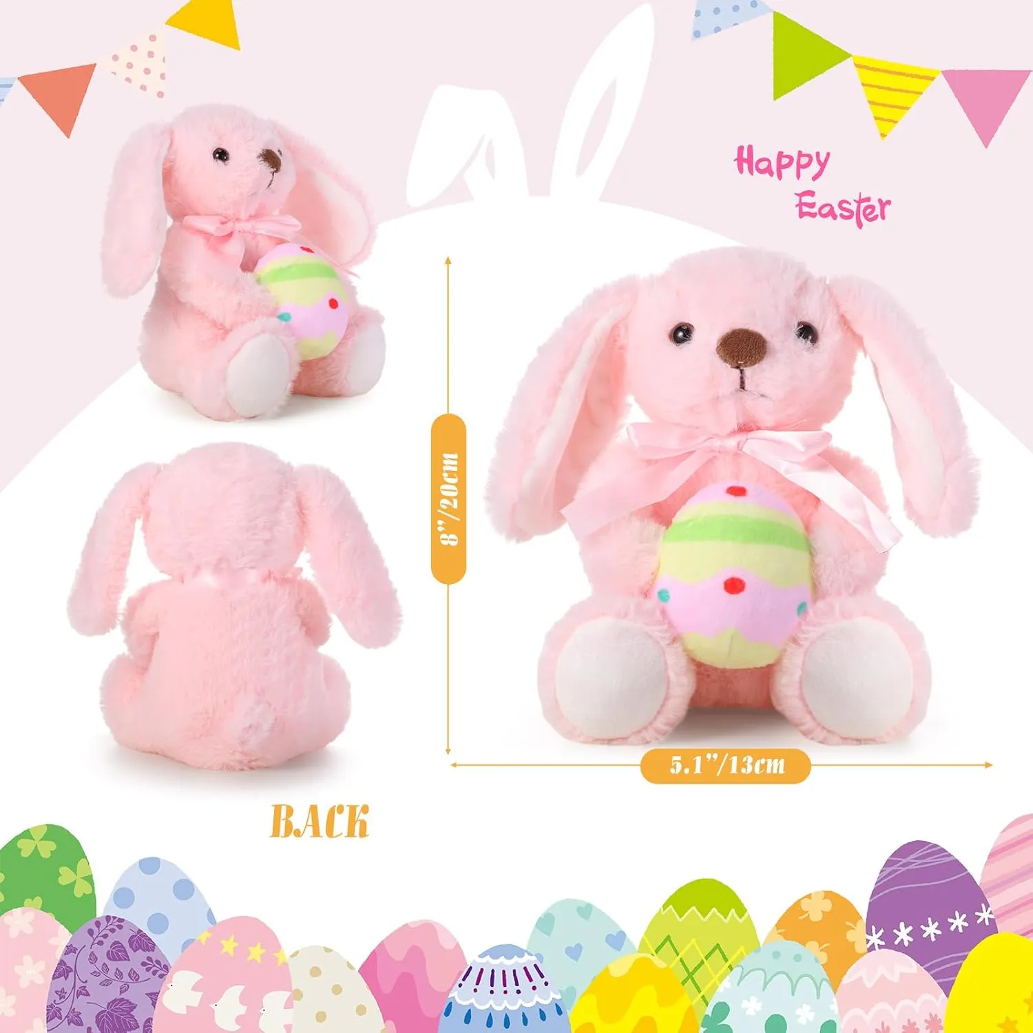 Easter Bunny Stuffed Animal Cute Plush Rabbit Holding Easter Eggs Furry Bunny Plush Gift Happy Easter Basket Stuffers for Easter Gift Birthdays Gift Party Favor(Pink and White)