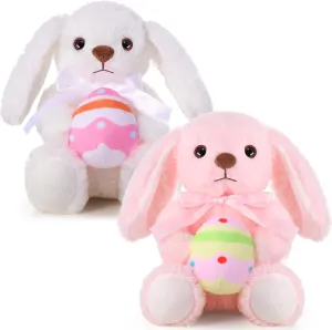 Easter Bunny Stuffed Animal Cute Plush Rabbit Holding Easter Eggs Furry Bunny Plush Gift Happy Easter Basket Stuffers for Easter Gift Birthdays Gift Party Favor(Pink and White)