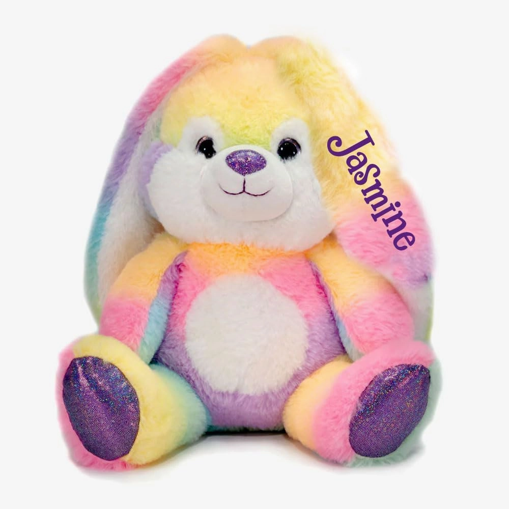 Easter Bunny Rainbow Stuffed Animal Easter Basket Stuffer Plush Spring Holiday Decoration Gift 10.5 Inch Personalized with Custom Name