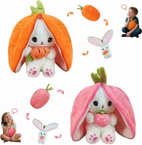 Easter Bunny Stuffed Animal Plush Pillow,Cute Bunny Stuffies Hiding Under Carrot/Strawberry,Kawaii Toy Pillow Decoration,Gift for Girlfriends and Children