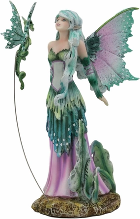 Ebros Amy Brown Discovery Enchanted Elf Fairy FAE Damsel with Green Pixie Dragon Statue 8" Tall Fantasy Mythical Faery Garden Magic Collectible Figurine Fairies Pixies Nymphs Decor