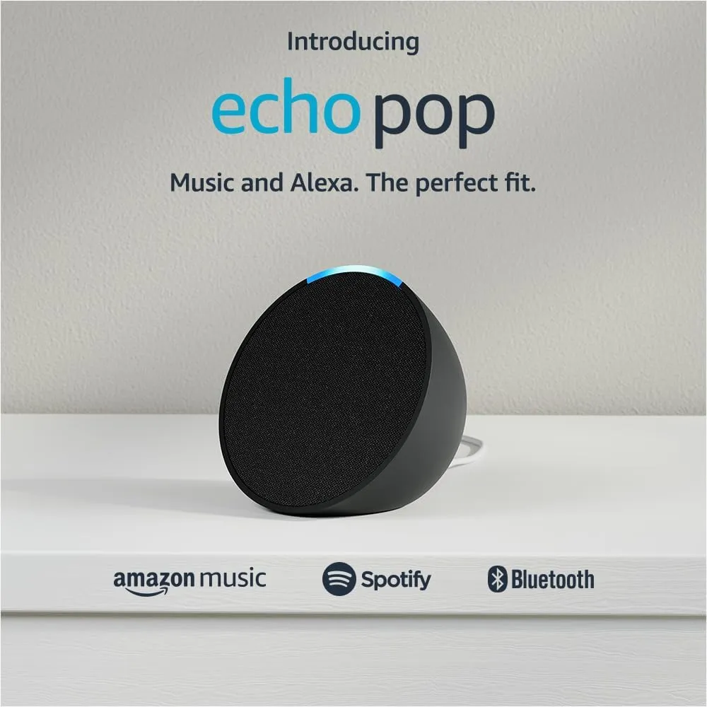 Echo Pop | Full sound compact smart speaker with Alexa | I International Version with UK Power Adaptor | Charcoal
