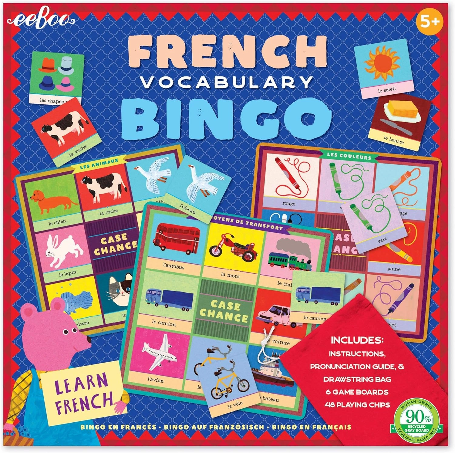 eeBoo: French Bingo Vocabulary Game, Includes- Pronunciation Guide & Drawsting Bag, 6 Game Boards, 48 Playing Chips, 2 to 6 Players, for Ages 5 and up