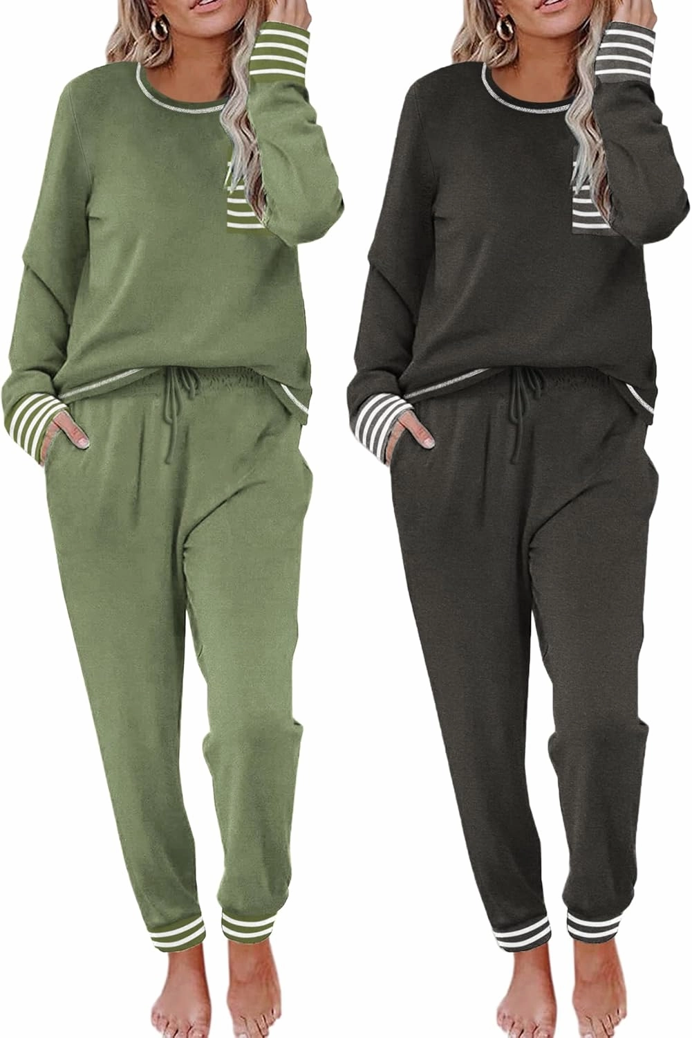Ekouaer 2 Pack Womens Pajama Sets Long Sleeve Lounge Sets Soft Pj Sleepwear Loungewear
