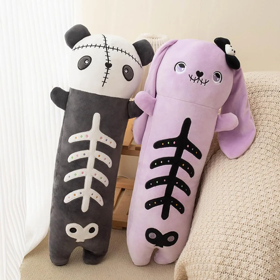 ELAINREN Gothic Long Purple Rabbit Stuffed Pillow Ultra-Soft Halloween Bunny Plush Toy Creepy Skeleton Rabbit Plushie Cushion/23.6''