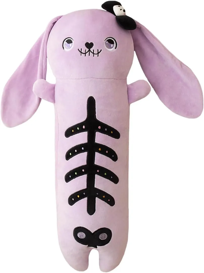 ELAINREN Gothic Long Purple Rabbit Stuffed Pillow Ultra-Soft Halloween Bunny Plush Toy Creepy Skeleton Rabbit Plushie Cushion/23.6''