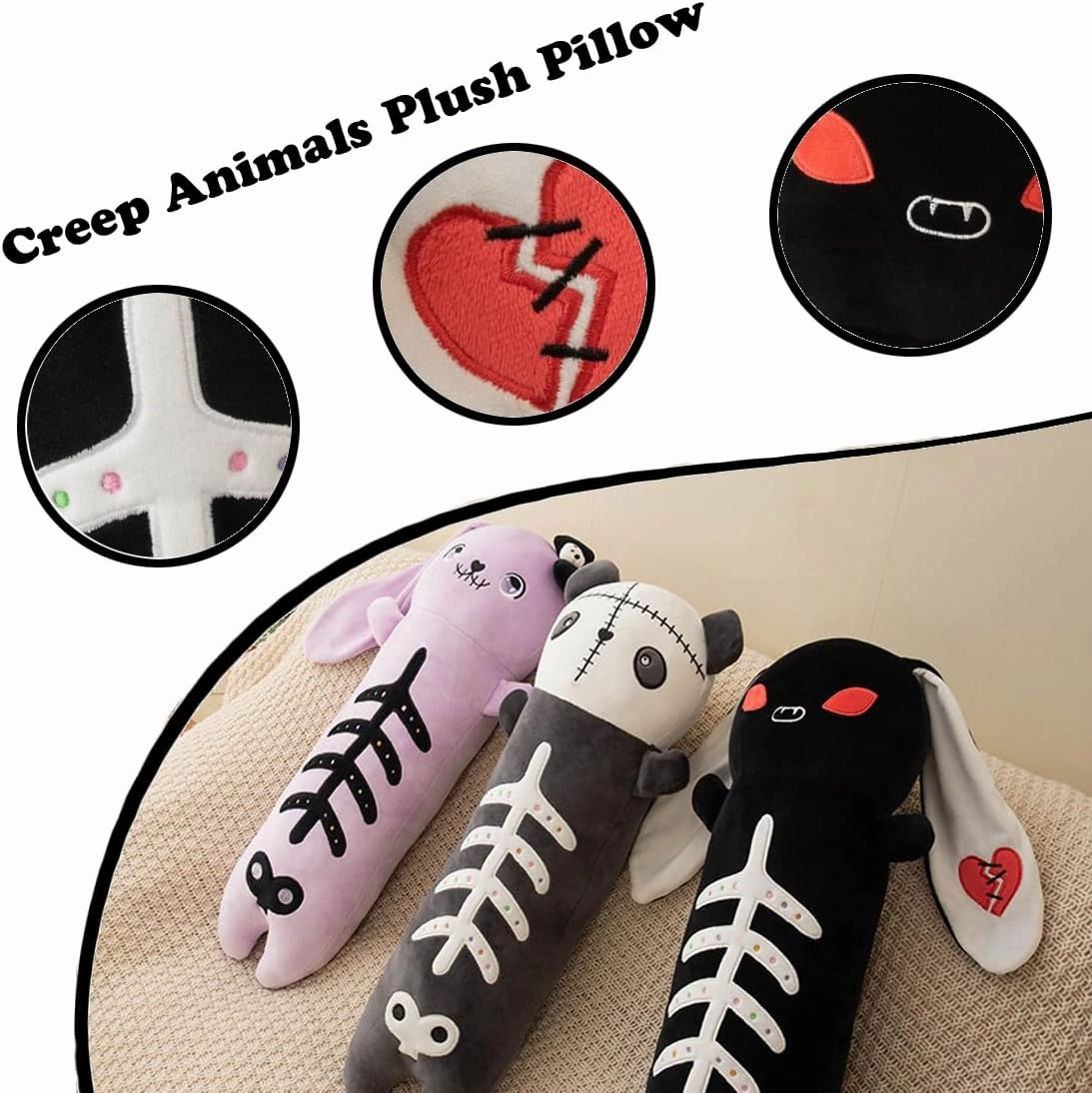 ELAINREN Long Goth Bunny Plush Pillow Soft Creepy Black Rabbit Stuffed Animals Toy Halloween Skeleton Rabbit Plushie Gifts for Easter/23.6''