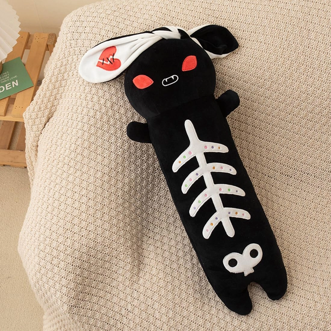 ELAINREN Long Goth Bunny Plush Pillow Soft Creepy Black Rabbit Stuffed Animals Toy Halloween Skeleton Rabbit Plushie Gifts for Easter/23.6''