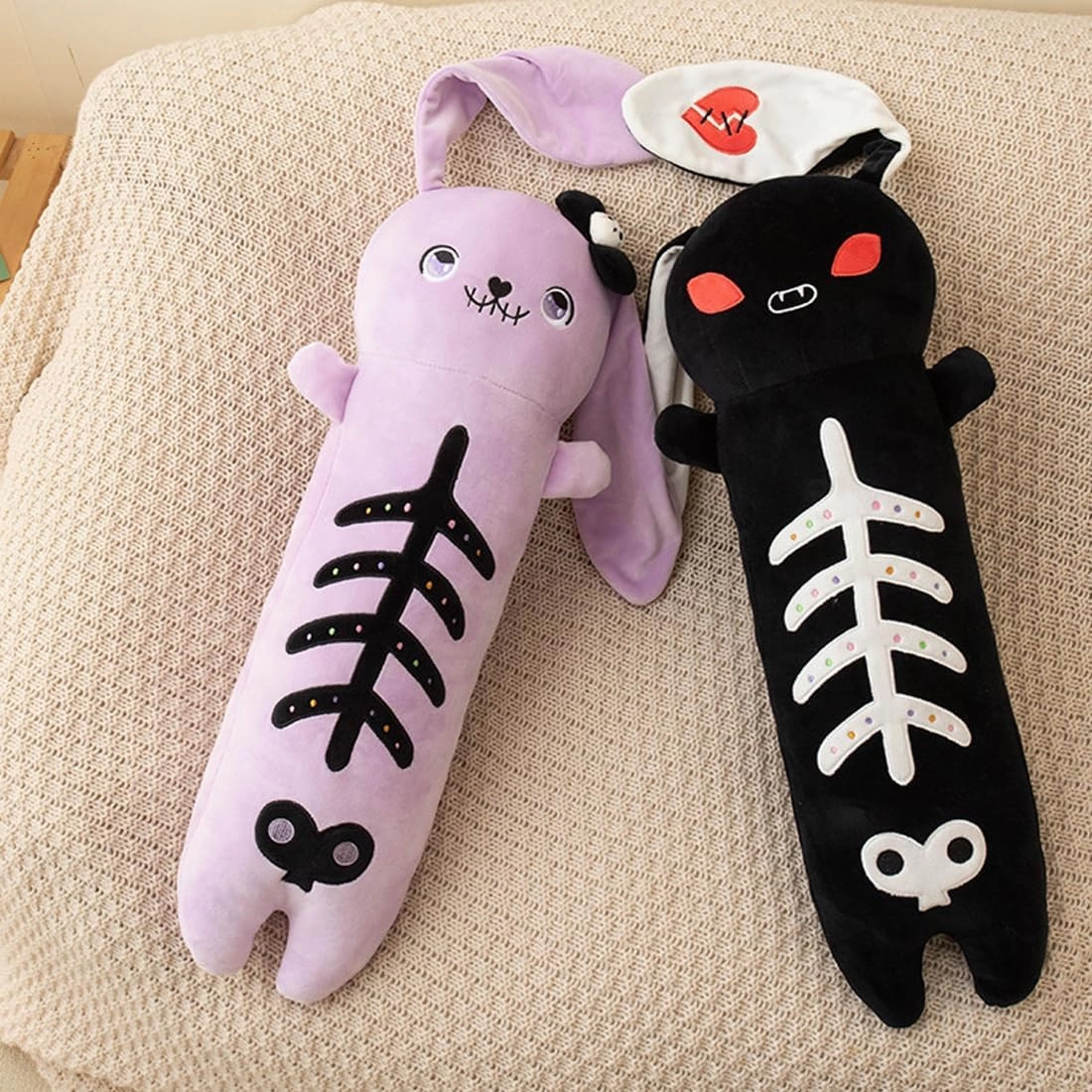 ELAINREN Long Goth Bunny Plush Pillow Soft Creepy Black Rabbit Stuffed Animals Toy Halloween Skeleton Rabbit Plushie Gifts for Easter/23.6''