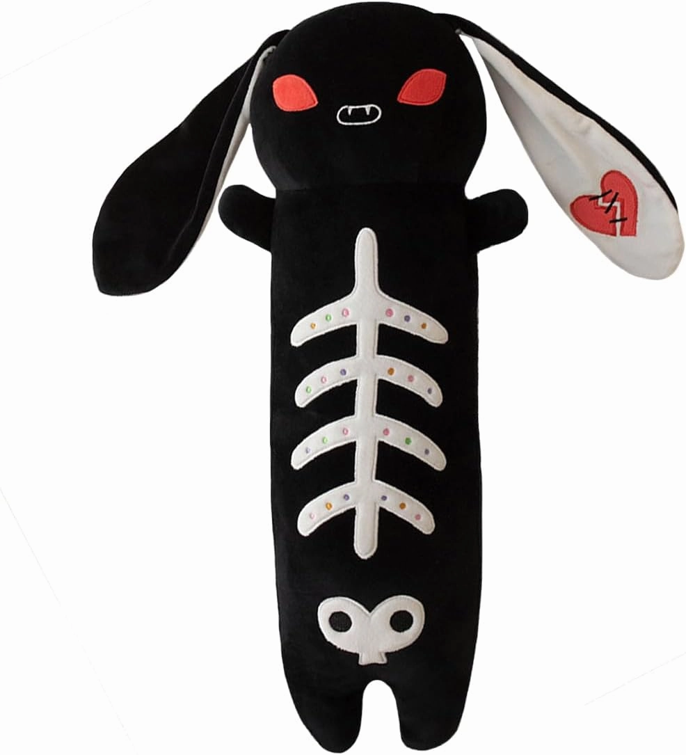 ELAINREN Long Goth Bunny Plush Pillow Soft Creepy Black Rabbit Stuffed Animals Toy Halloween Skeleton Rabbit Plushie Gifts for Easter/23.6''