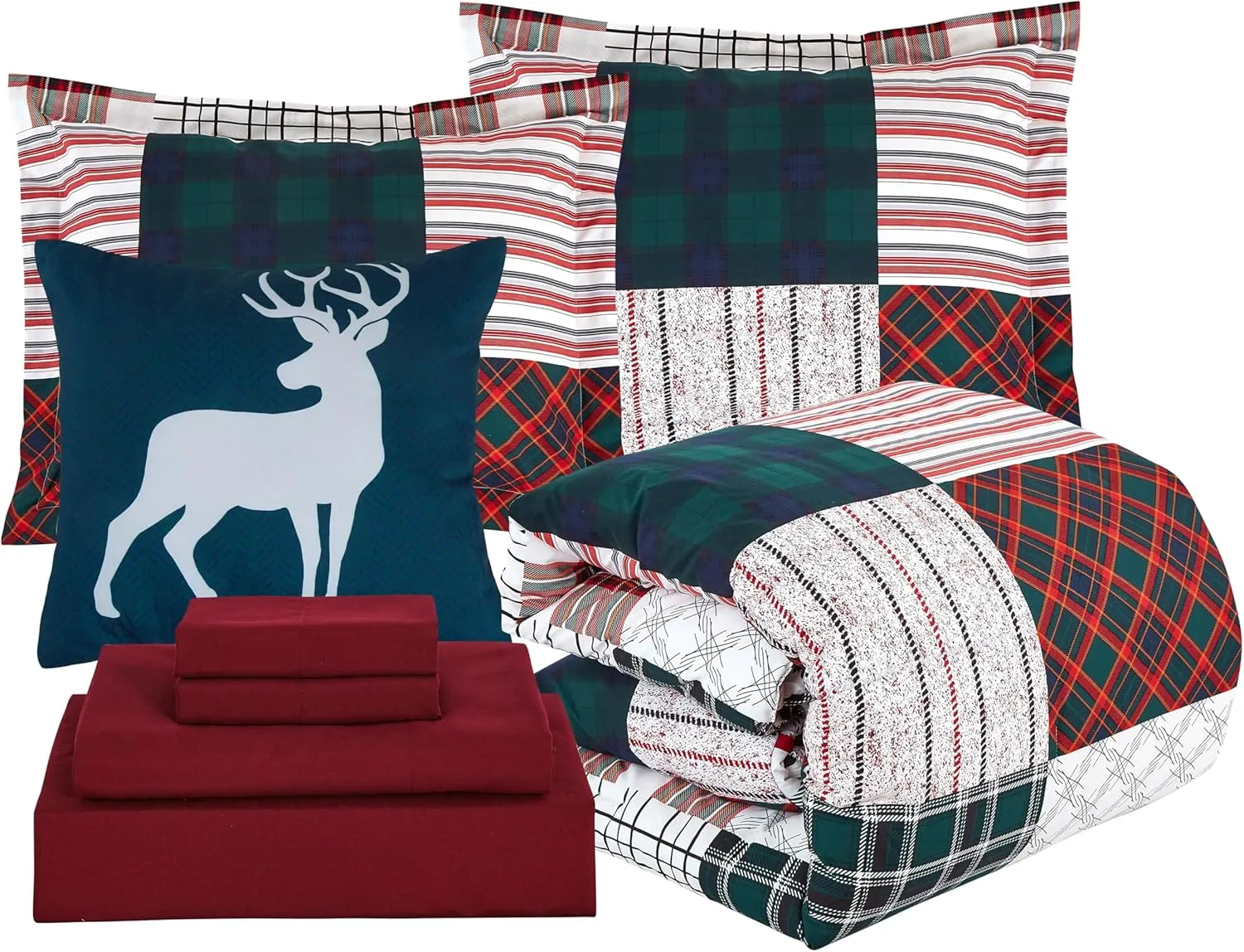 Elegant Comfort Silky Soft 8-Piece Cabin Lodge Bed-in-a-Bag Comforter Set, Includes 4pc Smart Sheet Set, Comforter, Decorative Pillow, Matching Pillowcases and Shams - King/California King, Burgundy