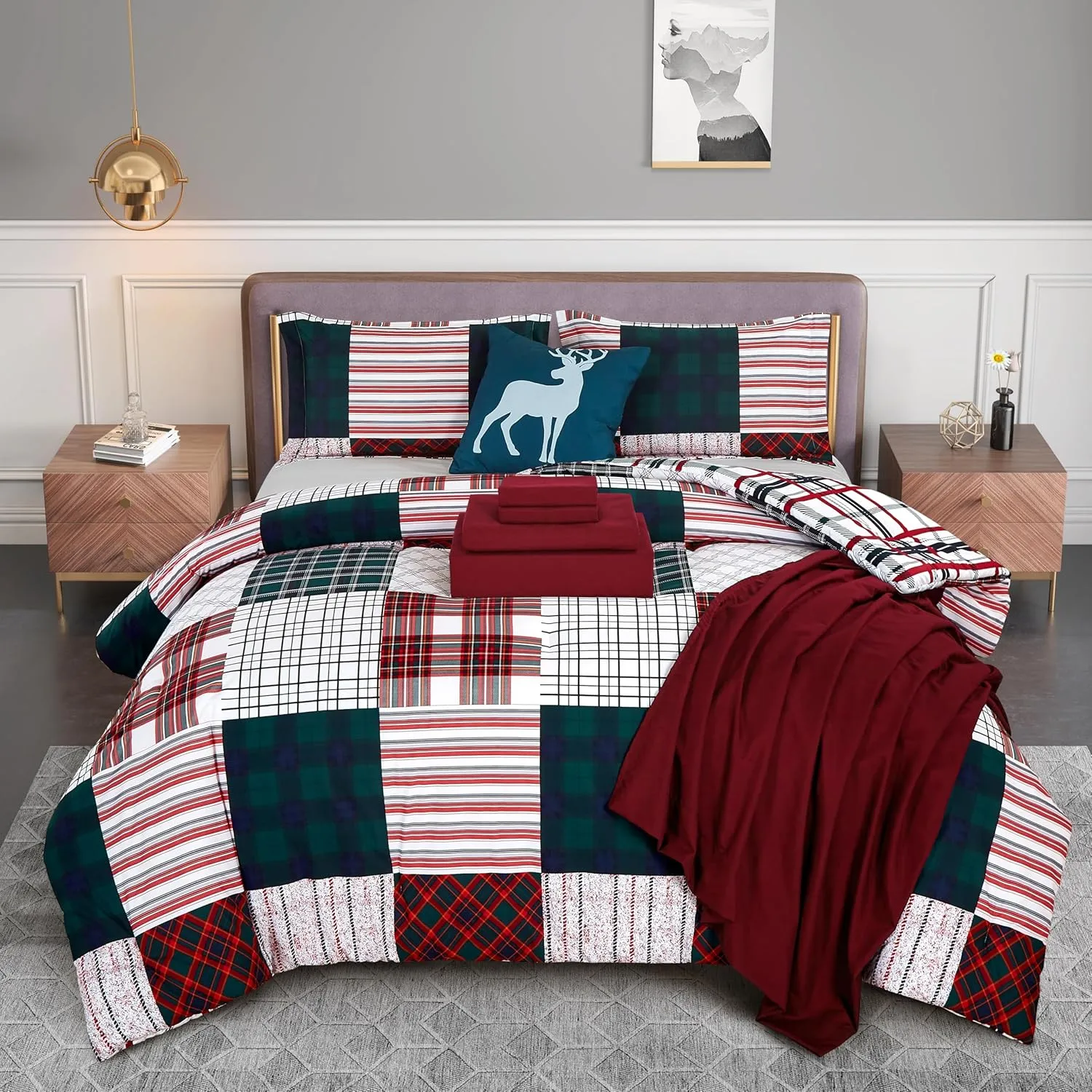 Elegant Comfort Silky Soft 8-Piece Cabin Lodge Bed-in-a-Bag Comforter Set, Includes 4pc Smart Sheet Set, Comforter, Decorative Pillow, Matching Pillowcases and Shams - King/California King, Burgundy