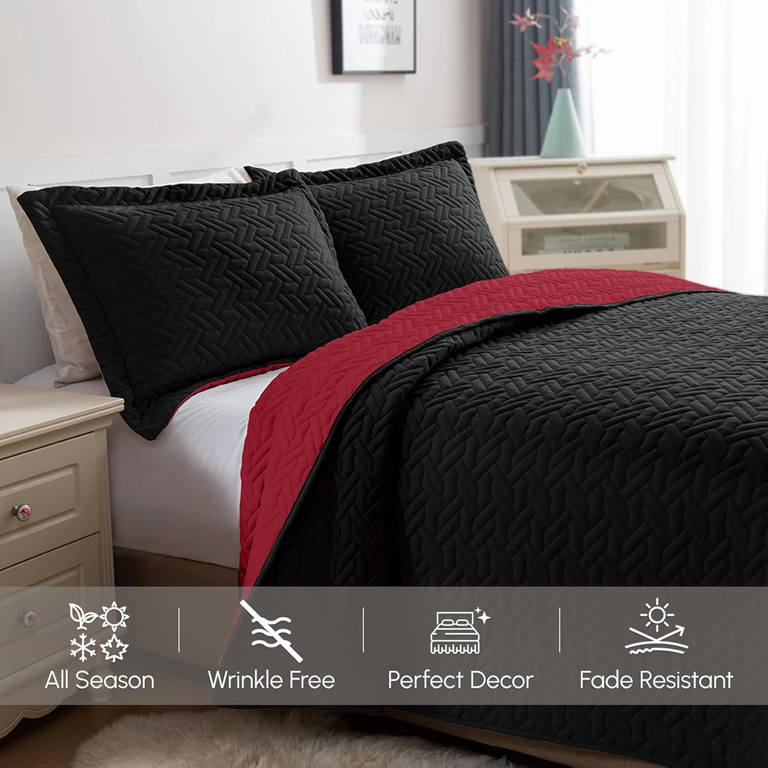 Elegant Comfort 3-Piece Quilted Reversible Bedspread Coverlet Set with Pillow Shams, Exquisite Majestic Stitching All Season Heavy Weight - Ultra Soft Premium Quilt- Queen, Black/Burgundy