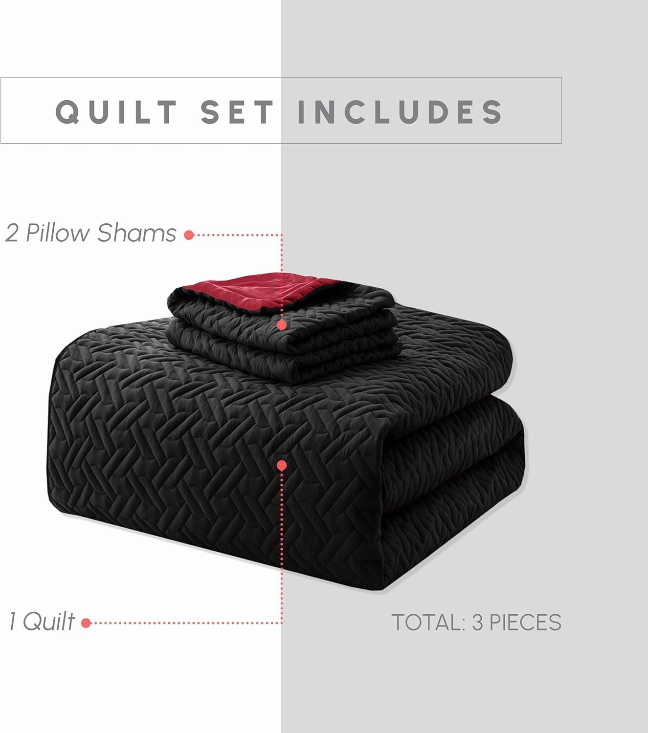 Elegant Comfort 3-Piece Quilted Reversible Bedspread Coverlet Set with Pillow Shams, Exquisite Majestic Stitching All Season Heavy Weight - Ultra Soft Premium Quilt- Queen, Black/Burgundy