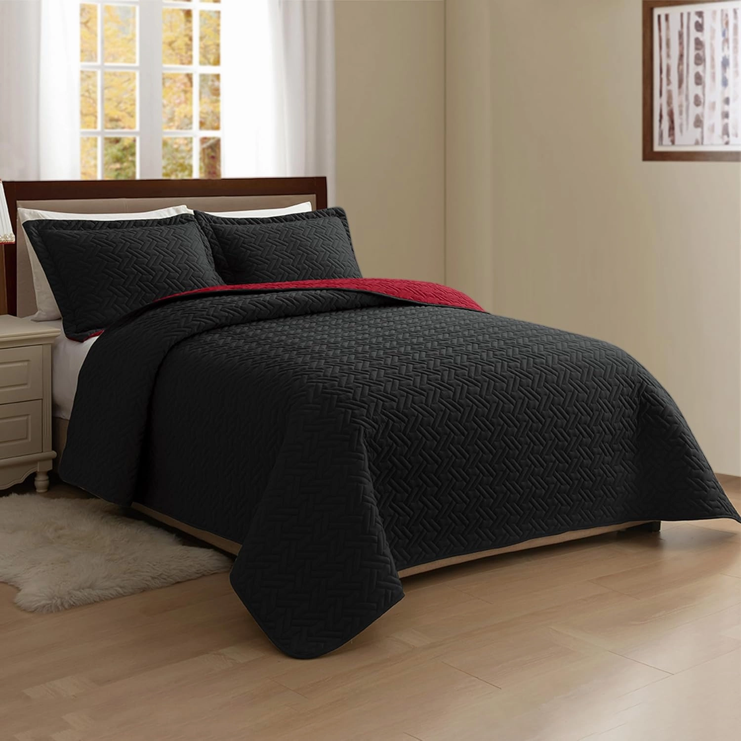 Elegant Comfort 3-Piece Quilted Reversible Bedspread Coverlet Set with Pillow Shams, Exquisite Majestic Stitching All Season Heavy Weight - Ultra Soft Premium Quilt- Queen, Black/Burgundy