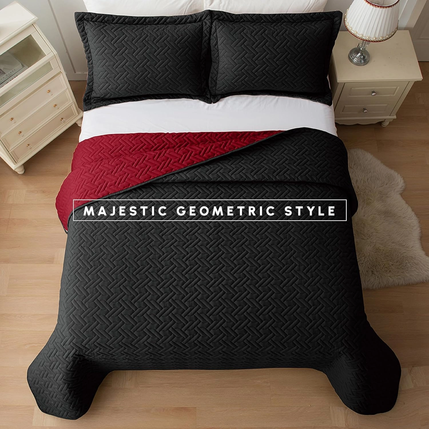 Elegant Comfort 3-Piece Quilted Reversible Bedspread Coverlet Set with Pillow Shams, Exquisite Majestic Stitching All Season Heavy Weight - Ultra Soft Premium Quilt- Queen, Black/Burgundy