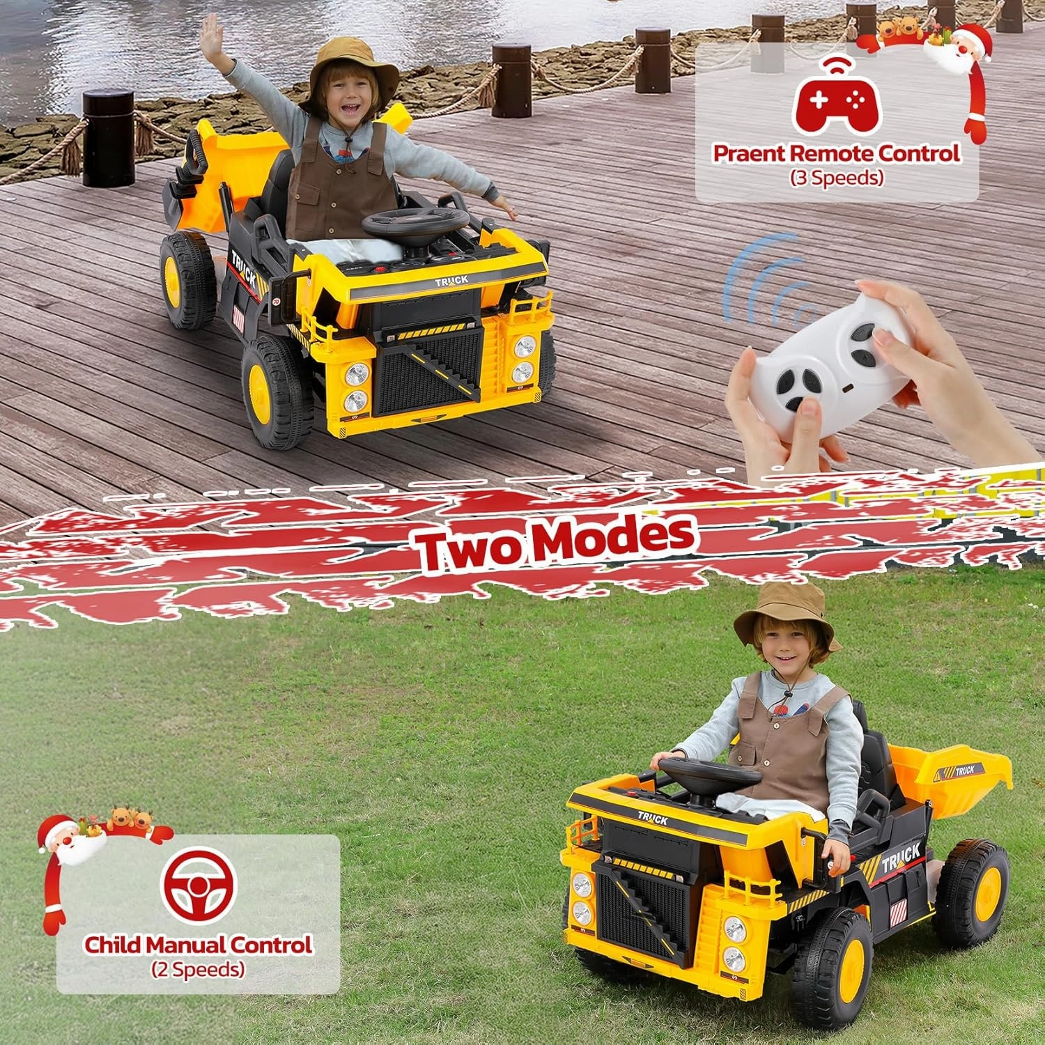 ELEMARA Ride on Dump Truck with Dump Bed, Shovel, 12V Ride on Toy for Kids, Ride On Car w/Remote, Bluetooth, Music, LED Light, Battery Powered Construction Vehicles, Kids Electric Car-Dark Black