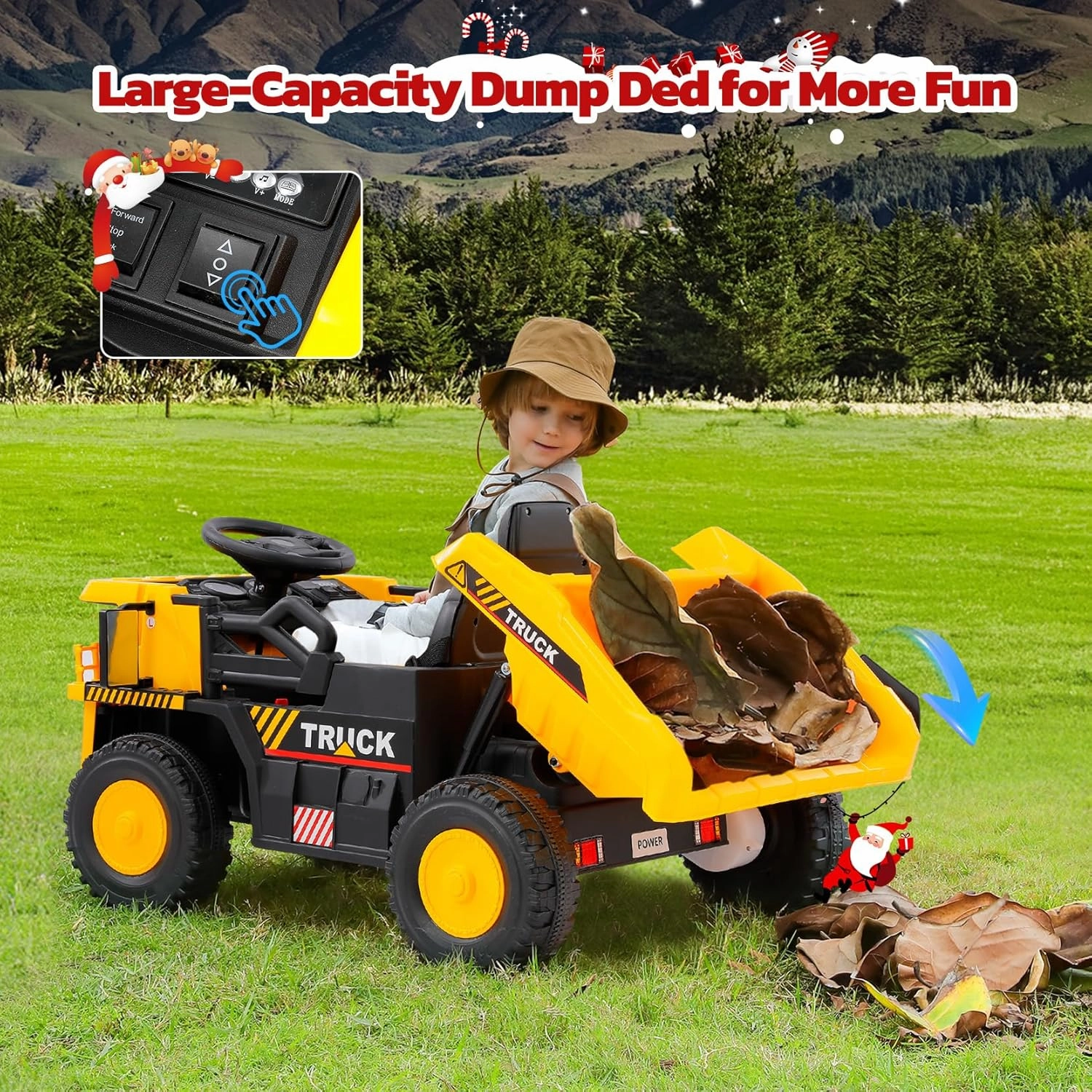 ELEMARA Ride on Dump Truck with Dump Bed, Shovel, 12V Ride on Toy for Kids, Ride On Car w/Remote, Bluetooth, Music, LED Light, Battery Powered Construction Vehicles, Kids Electric Car-Dark Black