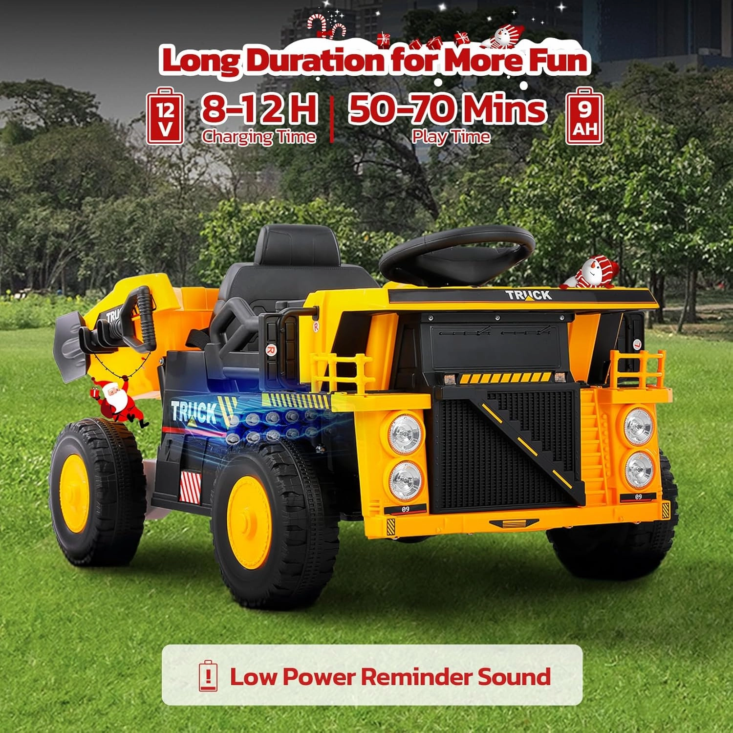 ELEMARA Ride on Dump Truck with Dump Bed, Shovel, 12V Ride on Toy for Kids, Ride On Car w/Remote, Bluetooth, Music, LED Light, Battery Powered Construction Vehicles, Kids Electric Car-Dark Black