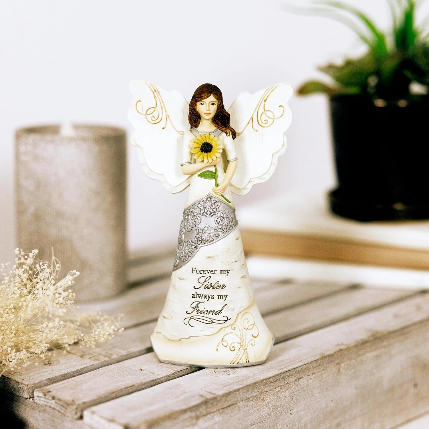 Elements Sister Angel Figurine by Pavilion, 6-1/2-Inch, Holding Sunflower, Inscription Forever My Sister Always My Friend,White