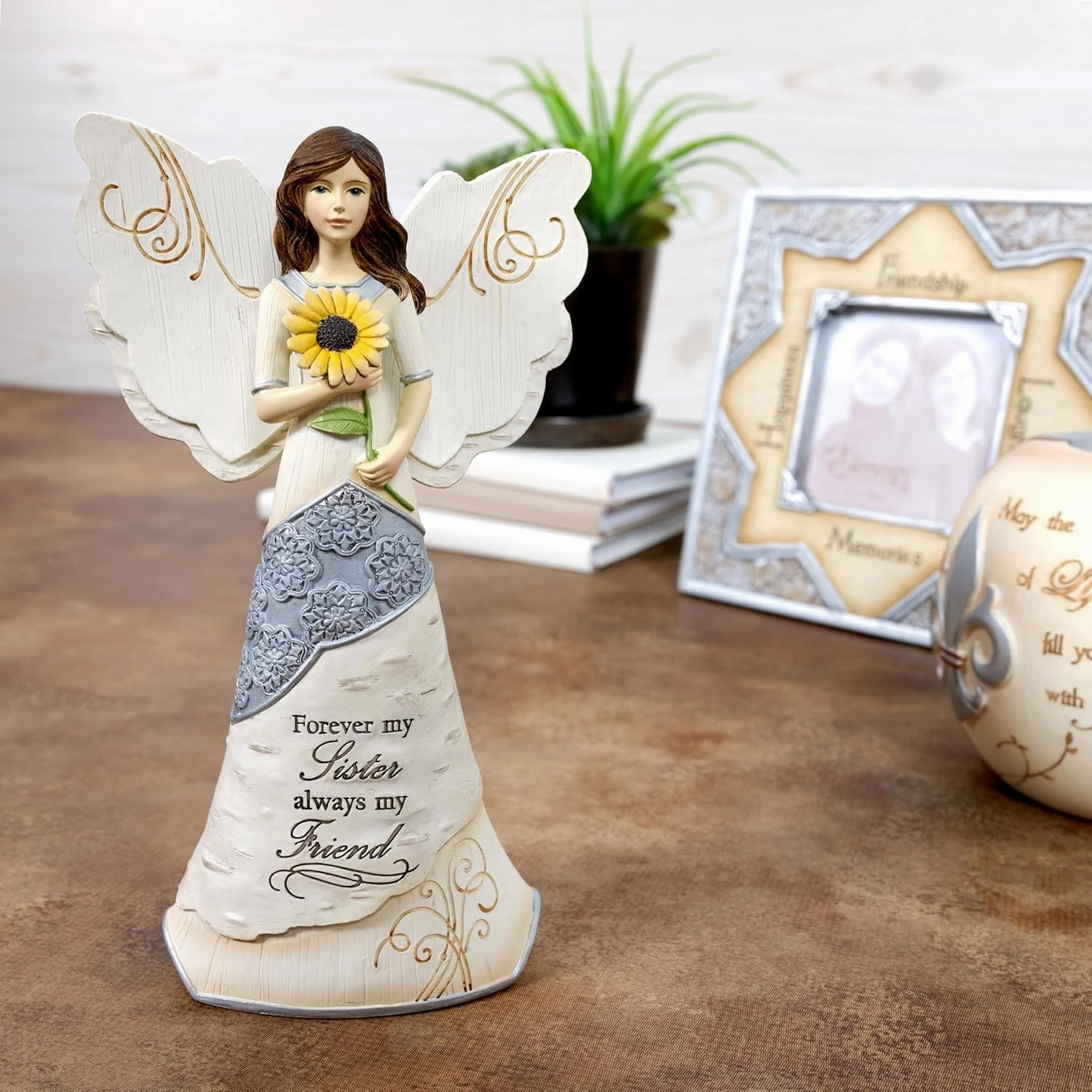 Elements Sister Angel Figurine by Pavilion, 6-1/2-Inch, Holding Sunflower, Inscription Forever My Sister Always My Friend,White