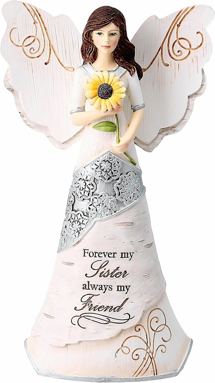 Elements Sister Angel Figurine by Pavilion, 6-1/2-Inch, Holding Sunflower, Inscription Forever My Sister Always My Friend,White