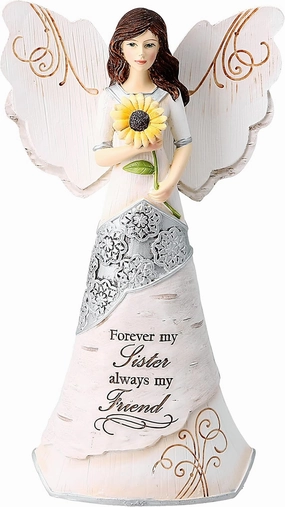 Elements Sister Angel Figurine by Pavilion, 6-1/2-Inch, Holding Sunflower, Inscription Forever My Sister Always My Friend,White