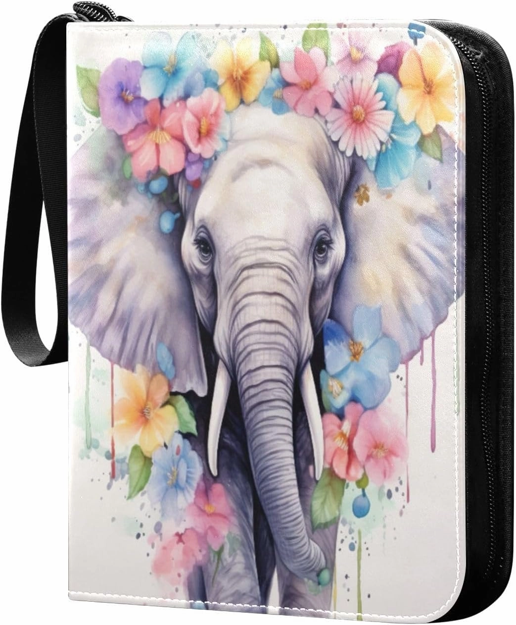 Elephant Painted Card Binder 4-Pocket Leather Cover 400 Pockets Card Album Holder Removable Display Storage for Trading Cards, Game Cards, Collectibles