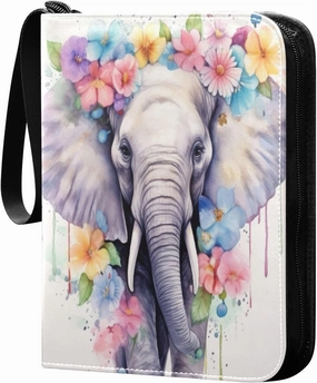 Elephant Painted Card Binder 4-Pocket Leather Cover 400 Pockets Card Album Holder Removable Display Storage for Trading Cards, Game Cards, Collectibles