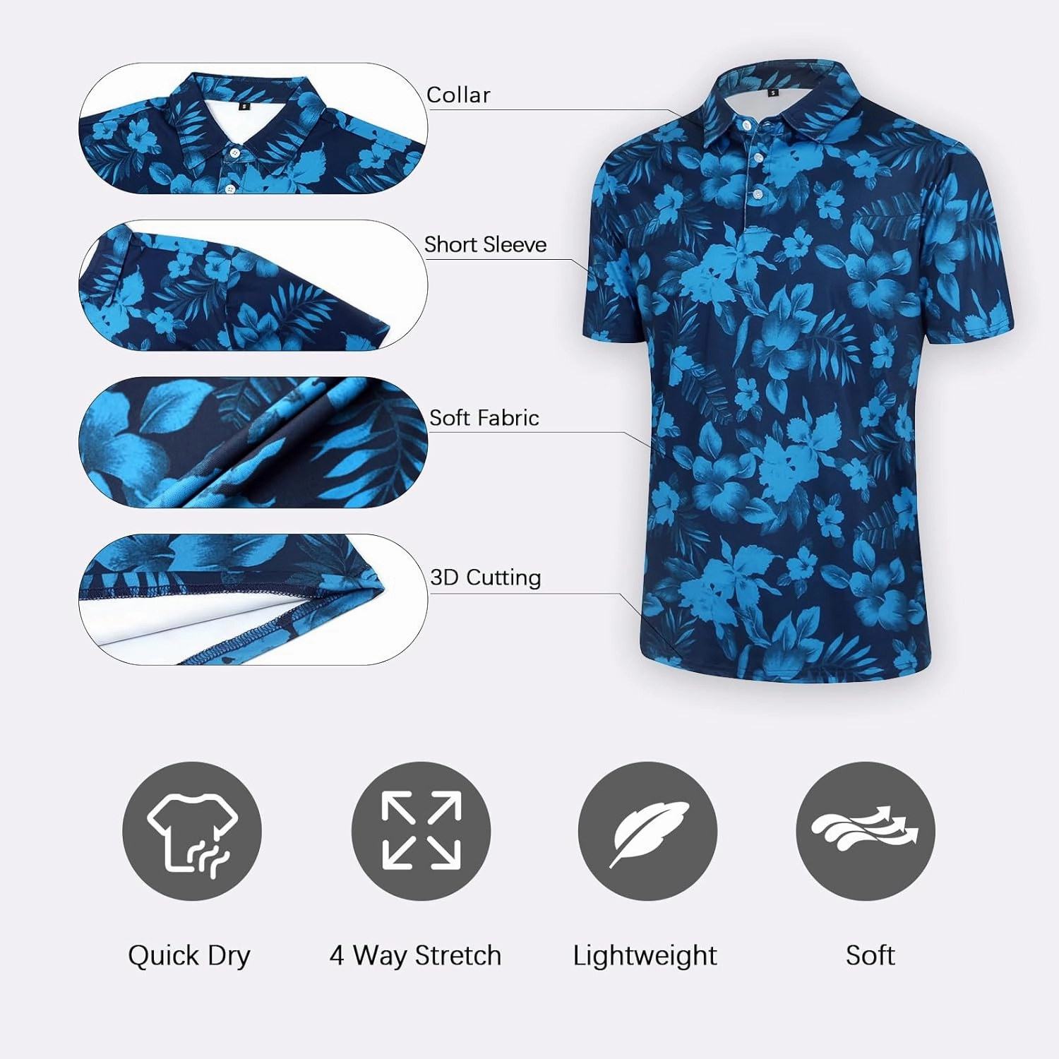 ELETOP Men's Golf Polo Shirts Short Sleeve Moisture Wicking Hawaiian Tropical Polos Performance Golf Shirts for Men Dry Fit