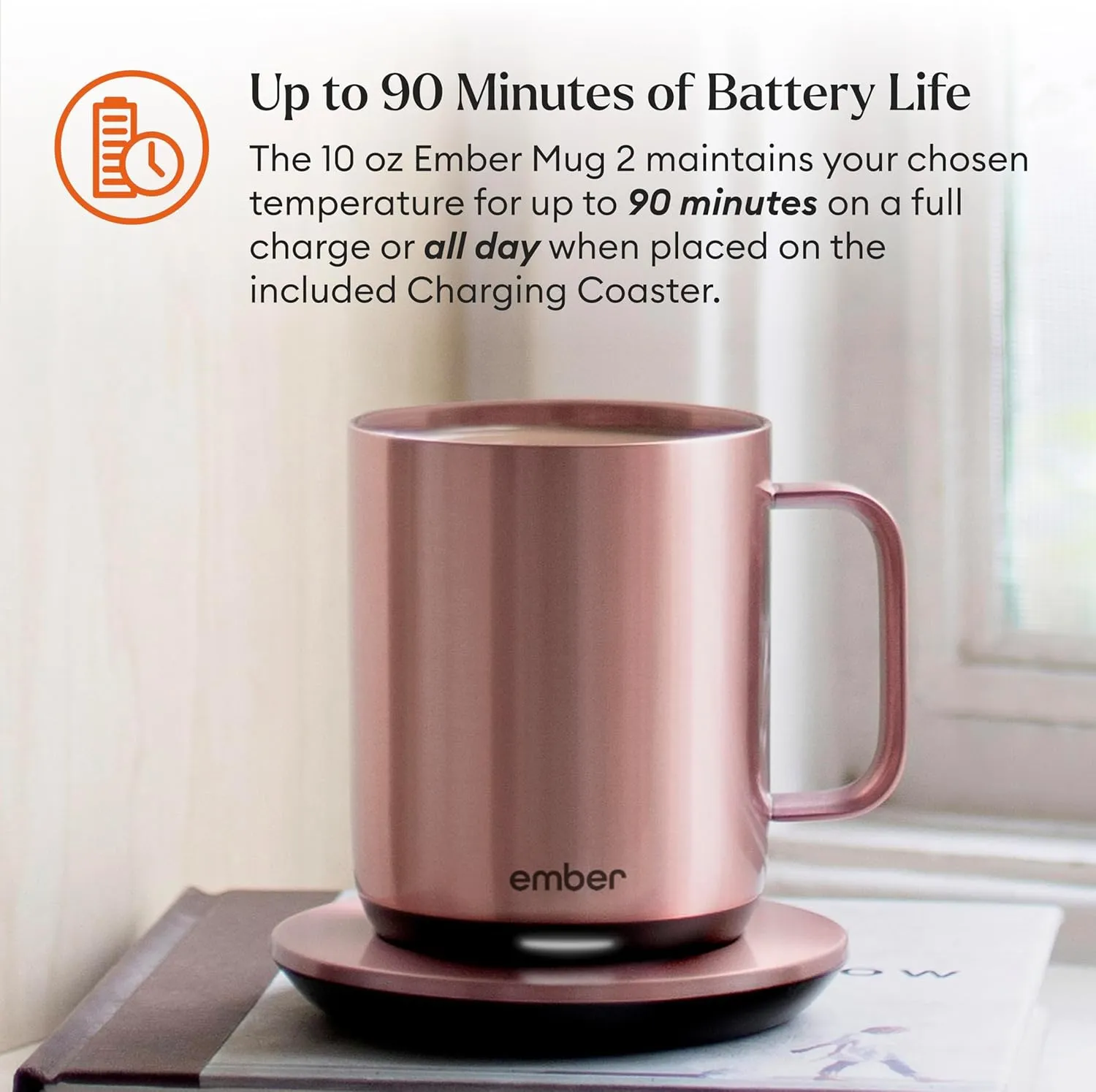 Ember Temperature Control Smart Mug 2, 10 Oz, App-Controlled Heated Coffee Mug with 80 Min Battery Life and Improved Design, Rose Gold