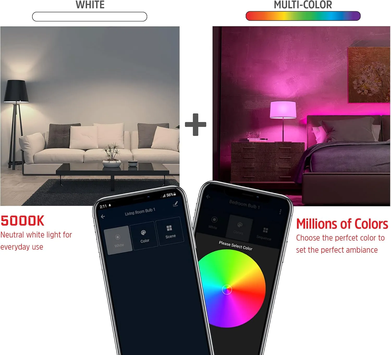 Energizer Connect Smart A19 LED White & Multi-Color RGB Light Bulb with Voice Control and Remote Access Through Your Smartphone | Compatible with Alexa and Google Assistant, 2 Pack
