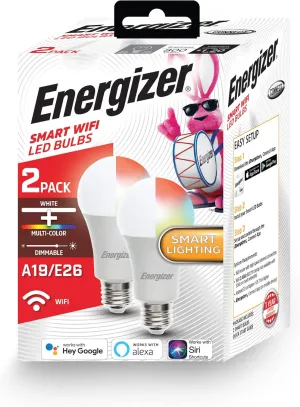 Energizer Connect Smart A19 LED White & Multi-Color RGB Light Bulb with Voice Control and Remote Access Through Your Smartphone | Compatible with Alexa and Google Assistant, 2 Pack