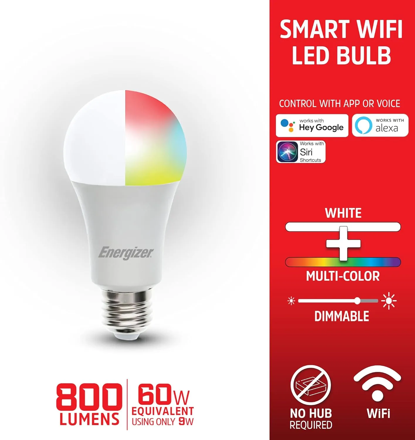Energizer Connect Smart A19 LED White & Multi-Color RGB Light Bulb with Voice Control and Remote Access Through Your Smartphone | Compatible with Alexa and Google Assistant, 2 Pack