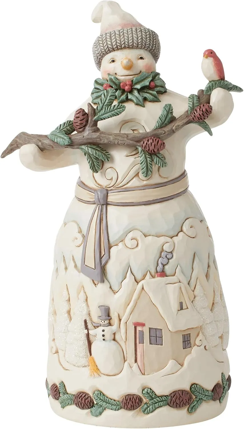 Enesco Jim Shore Heartwood Creek White Woodland Snowman with Pine Garland Figurine- Resin Hand Painted Crafted Collectible Decorative Figurines Christmas Home Decor Sculpture Statue Gift, 9.2 Inch