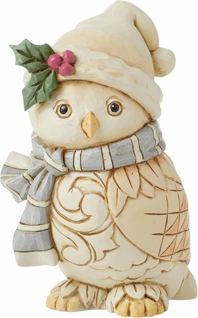 Enesco Jim Shore Heartwood Creek White Woodland Owl Wearing a Hat and Scarf Miniature Figurine- Stone Resin Hand Painted Crafted Collectible Mini Figurines Christmas Home Decor Statue, 4.72 Inch