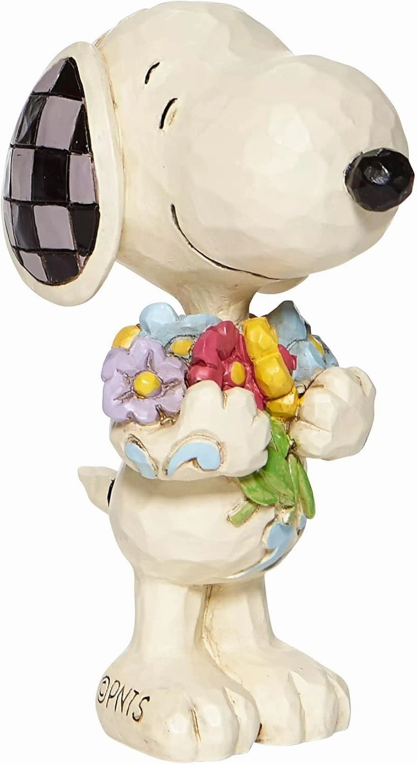 Enesco Peanuts by Jim Shore Snoopy Holding Spring Flowers Miniature Figurine, 3 Inch, Multicolor White