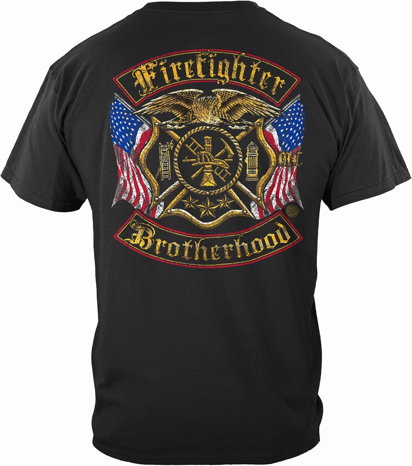 Erazor Bits Firefighter T Shirt - Distressed Double Flagged Brotherhood - Gold Foil Tshirt