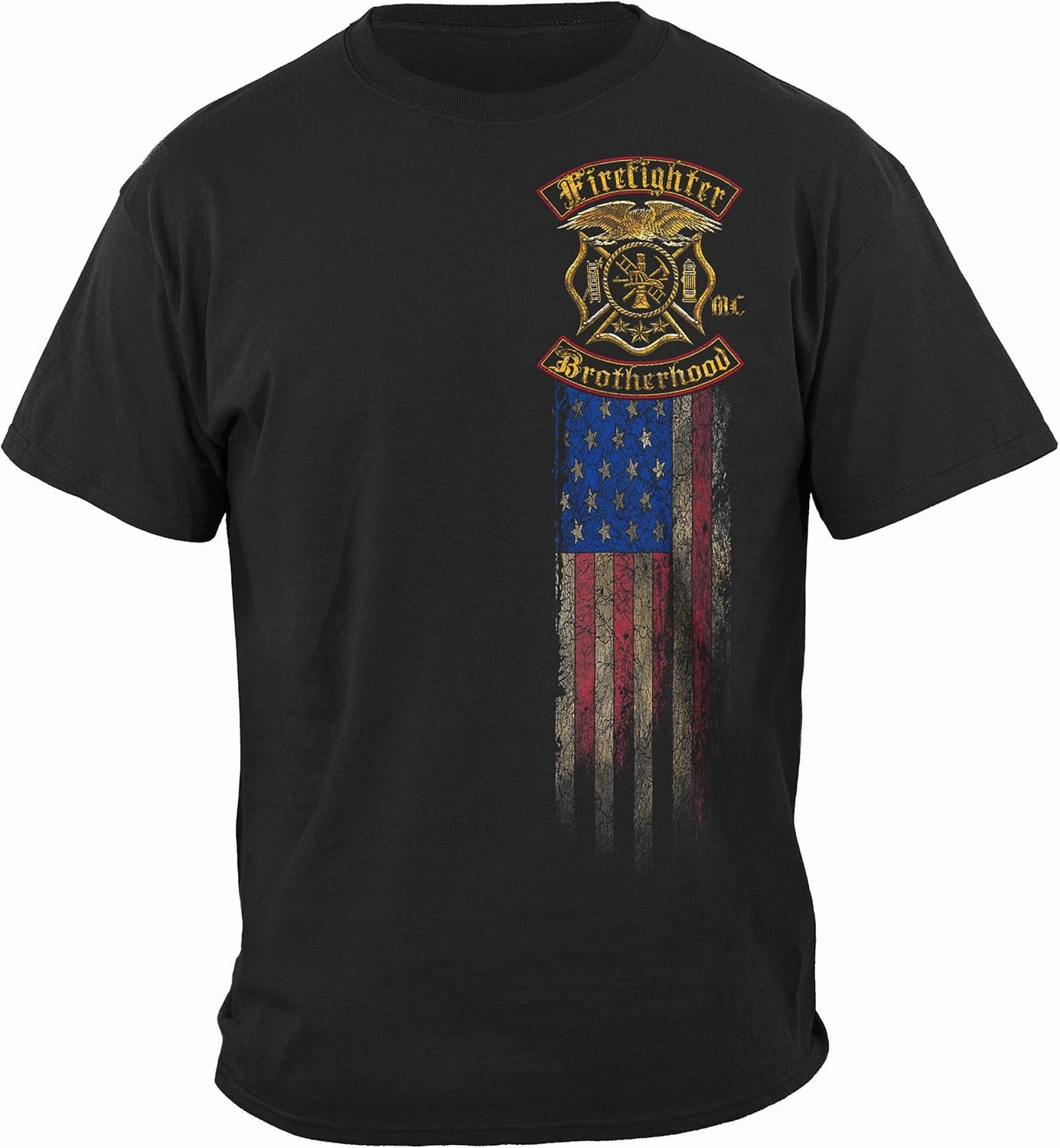 Erazor Bits Firefighter T Shirt - Distressed Double Flagged Brotherhood - Gold Foil Tshirt