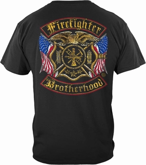 Erazor Bits Firefighter T Shirt - Distressed Double Flagged Brotherhood - Gold Foil Tshirt