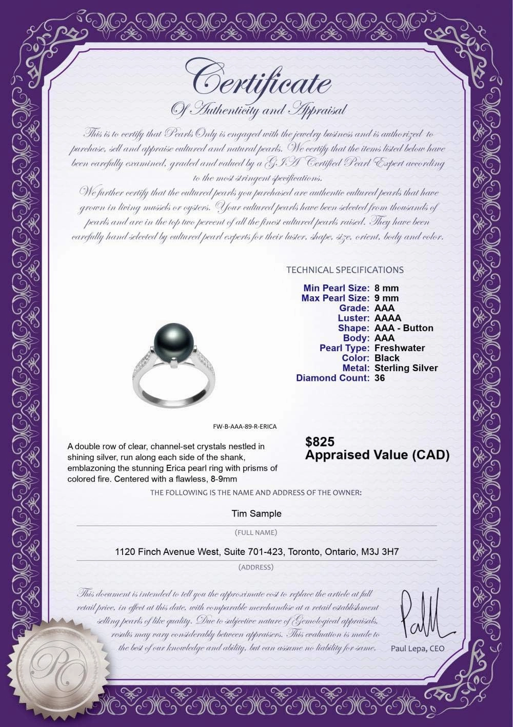 Erica Black 8-9mm AAA Quality Freshwater 925 Sterling Silver Cultured Pearl Ring For Women
