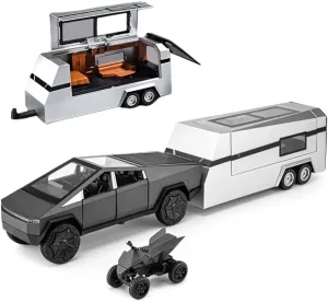 EROCK 1/32 Pickup Truck and Trailer Toys with Light and Pull Back, Alloy Diecast Pickup Trailer RV Model Kit, Diecast Model Car Toy Truck and Trailer for Boys Adults as Birthday Gifts (Dark Gray)